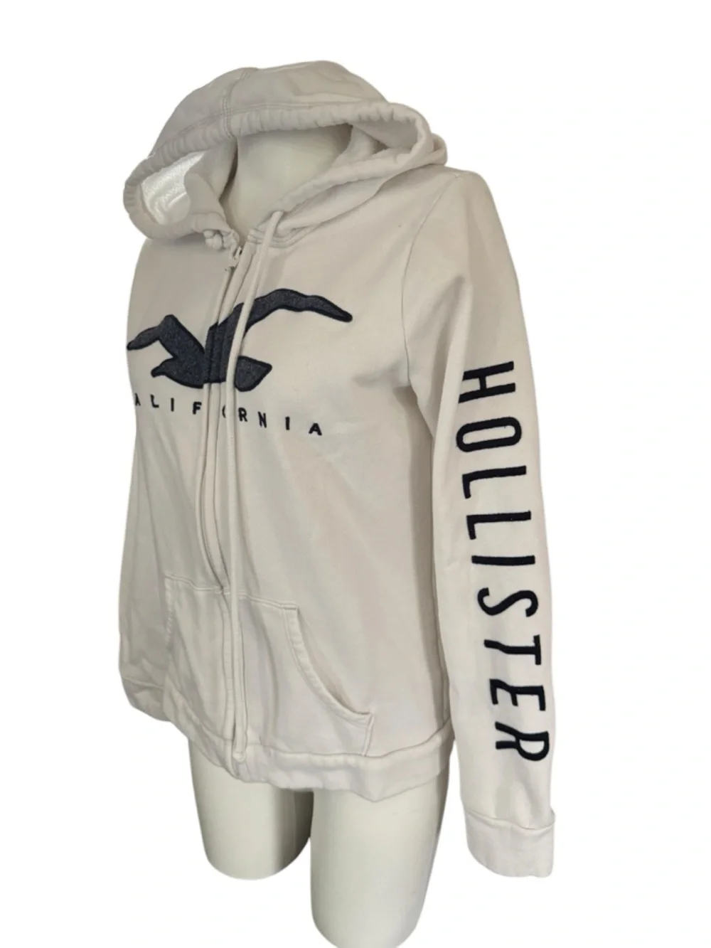 Hollister White Full-Zip Hoodie with Navy Logo - Picture 4 of 7